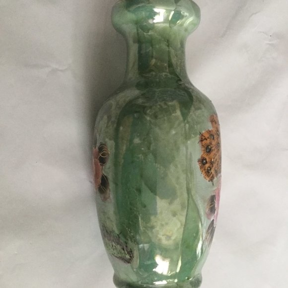Beautiful ceramic vase green luster ware floral pink flower peacock 12" tall - Picture 2 of 7
